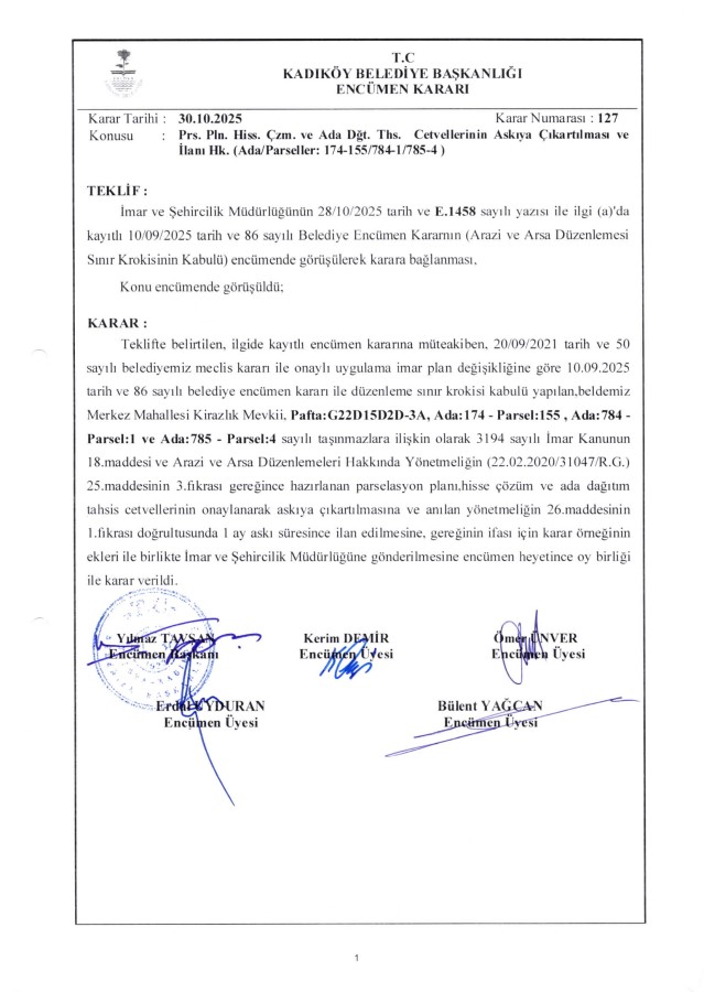 06.11.2025 - 127 - Prs. Planı Hiss. Çözüm ve Ada Dğt. Ths. Ctv.'nin Askıya Çıkarılması ve ilanı Hk. (Ada/Parseller:174-155/784-1/785-4)