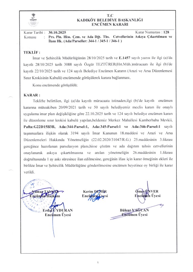 06.11.2025 - 128 - Prs. Planı Hiss. Çözüm ve Ada Dğt. Ths. Ctv.'nin Askıya Çıkarılması ve ilanı Hk. (Ada/Parseller:344-1/345-1/346-1)