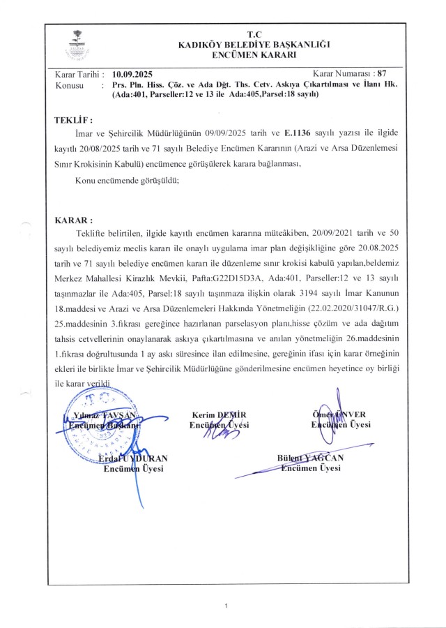 10.09.2025 - 87 - Prs. Planı Hiss. Çözüm ve Ada Dğt. Ths. Ctv.'nin Askıya Çıkarılması ve ilanı Hk. (Ada:401, Parseller: 12 ve 13 ile Ada:405, Parsel:18 sayılı)