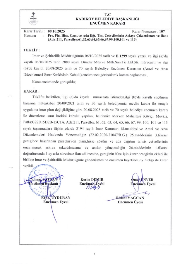 10.10.2025 - 107 - Prs. Planı Hiss. Çözüm ve Ada Dğt. Ths. Ctv.'nin Askıya Çıkarılması ve ilanı Hk. (Ada:211, Parseller: 61,62,63,64,65,66,67,99,100,101 ve 113)