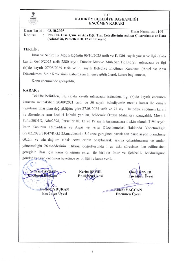 10.10.2025 - 109 - Prs. Planı Hiss. Çözüm ve Ada Dğt. Ths. Ctv.'nin Askıya Çıkarılması ve ilanı Hk. (Ada:2398, Parseller: 10,12 ve 19 sayılı)