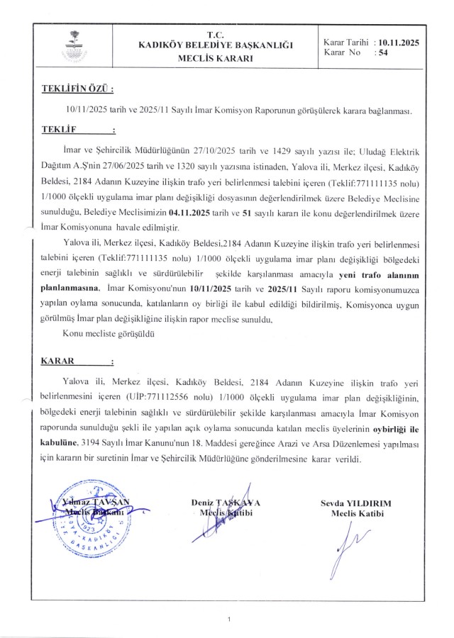 17.11.2025 - 2184 Adanın Kuzeyine ilişkin trafo yeri belirlenmesi